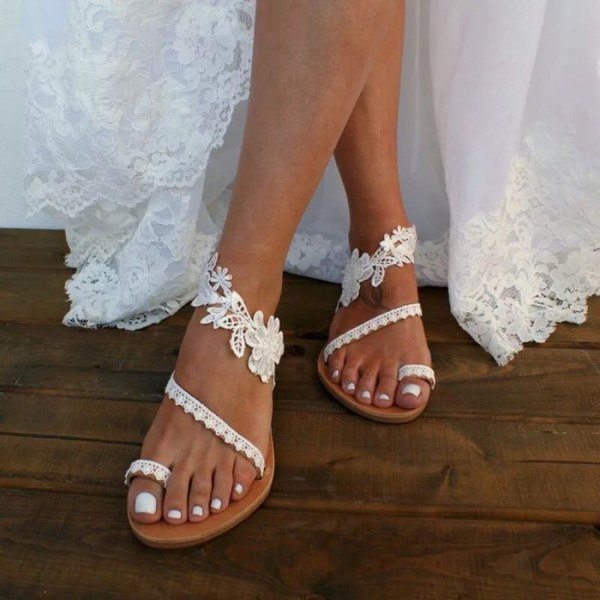 Platta sandaler för bröllop för kvinnor Vita spetssandaler Strandsandaler Bröllopsfestklänning Vit klänning Sandaler----Vit（Storlek 42）
