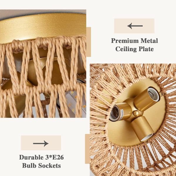 Rattan loftlampe, 3-lys Boho loftlampe, håndvævet bur-lampe, rustik rattan lysekrone (guld)