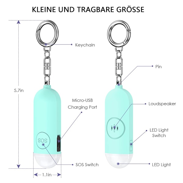 Lommealarm, personlig alarm med stroboskop LED-blitslyssignal, 130dB sirenealarm, USB-oppladbar alarmnøkkelring,