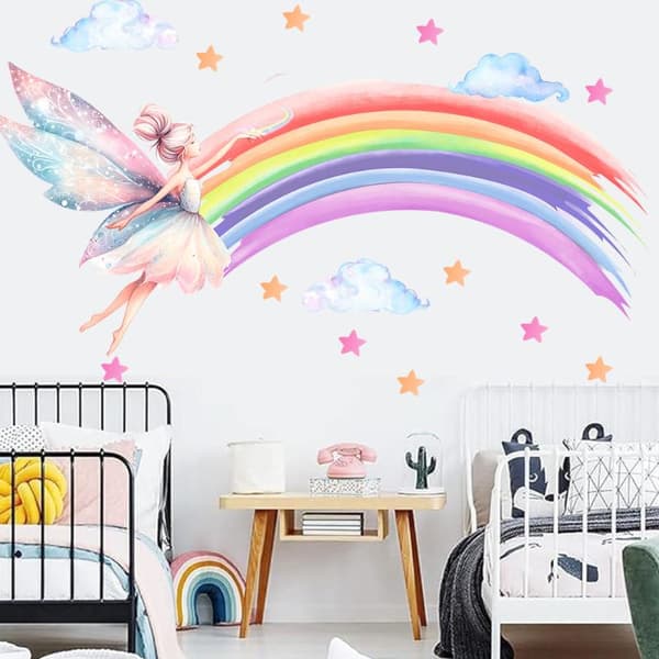 Tecknad älvflicka regnbåge väggdekal flickrum molnälva vägg Multicolor