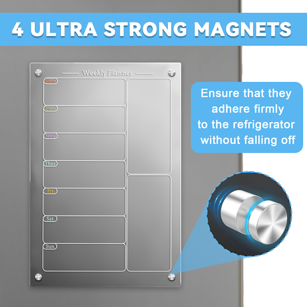 Akryl magnetisk menuplan til køkken, akryl ugentlig køleskabskalender, akryl whiteboard til køleskab med 6 magnetiske viskelæsbare