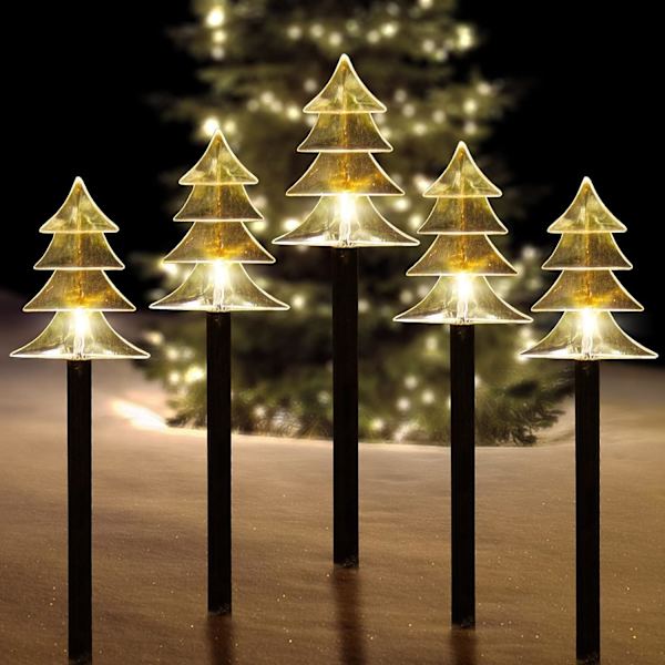 Julelys med solcelle, sett med 5 vanntette landskapsjulelys, LED-lys for hageplen terrasse gangvei dekor (5 stk - varm hvit - tre)