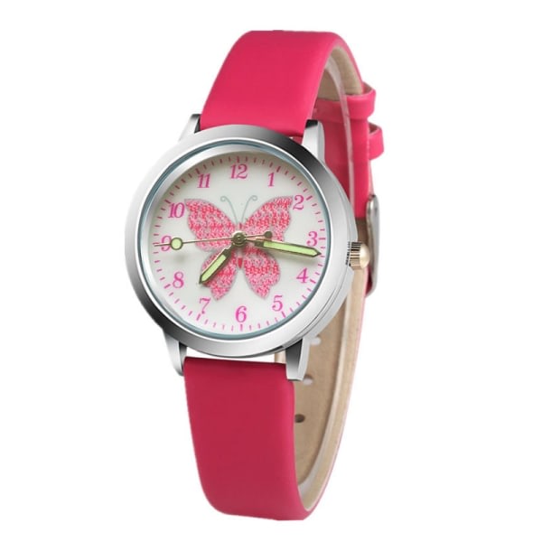 Söt rosa fjäril tecknad watch, läderklocka watch med lysande visare, födelsedagspresent till pojkar och flickor (rosa röd)