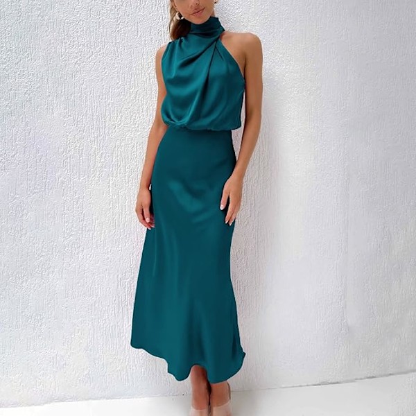 Sexy kort satengkjole for kvinner, sommerlig formell lang kjole, mock hals, ermeløs, sideslits, flytende ermeløs maxi skjørt, elegante kvinners skjørt dark green L