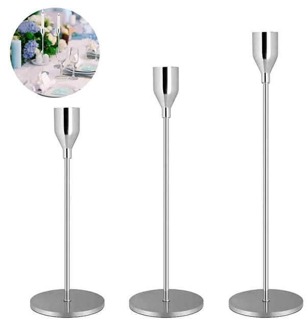 Sett med 3 lysestaker, lysestake, dekorativt metall [GKS] Silver