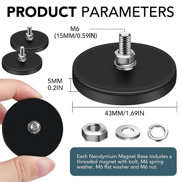 Gummibelagda magneter, 22 lbs neodymmagnetbas med M6 gängad magnet med bultar och muttrar, stark