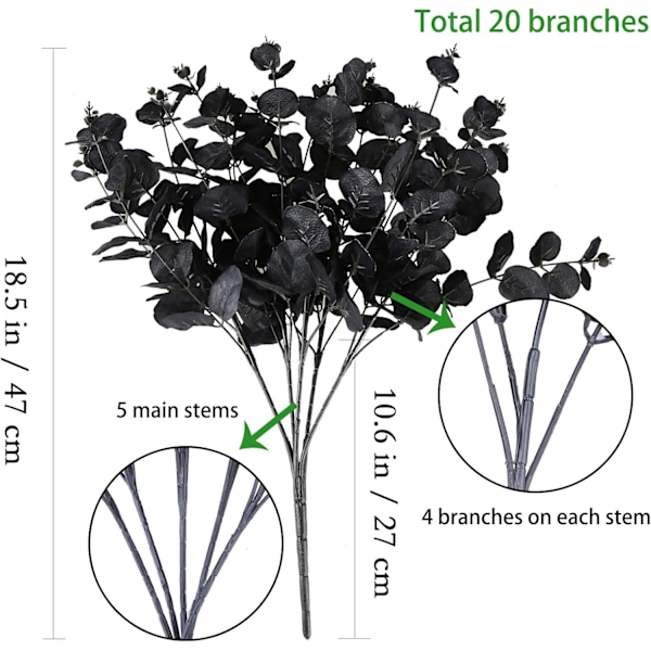 Pakkaus mustia keinotekoisia eukalyptuksen varsia, tekokukkakimppu 20 oksaa 18,5 tuumaa eukalyptuksen lehtiä maljakkoon, hääpöydän keskipiste DIY Fl