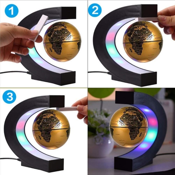 HHL Flytande världsglob med färgade led-ljus C-form magnetfält Levitation världskarta klot (eu)