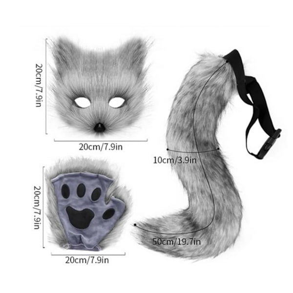 Fluffig rävsvans nyckelring, kattpotehandskar och varg Therian mask set