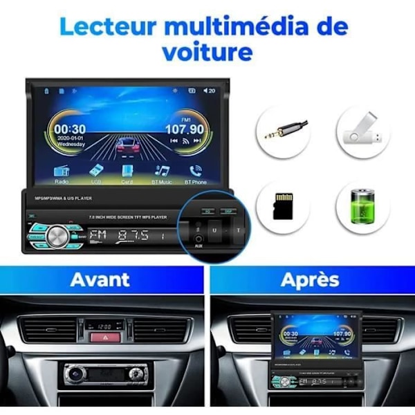 Carplay Bluetooth Bilradio 1 Din GPS 7' Infällbar Touchscreen FM-Radio Handsfree AUX-USB-TF Mirror Link+Fjärrkontroll+Kamera