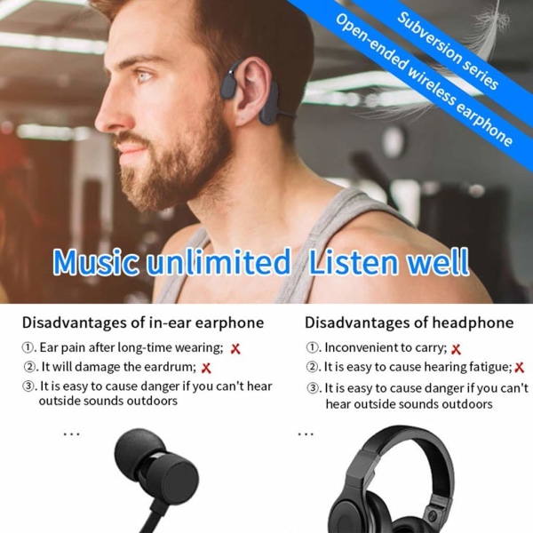 Åben øre trådløs ledningsben hovedtelefon svedtæt sport (sort)