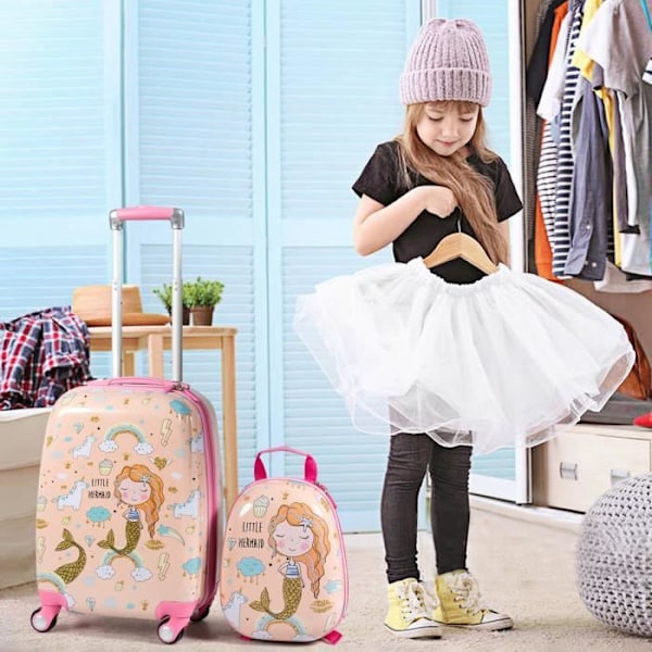 18\" lasten matkalaukku ja 12\" reppu - COSTWAY - Mermaids-design - 4 pyörää - Säädettävä kahva
