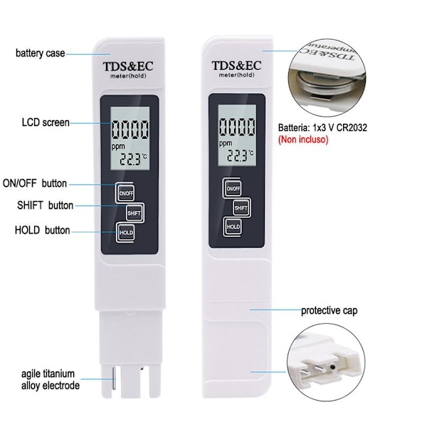 Digital 3-i-1 TDS-mätare EC och temperatur med display white