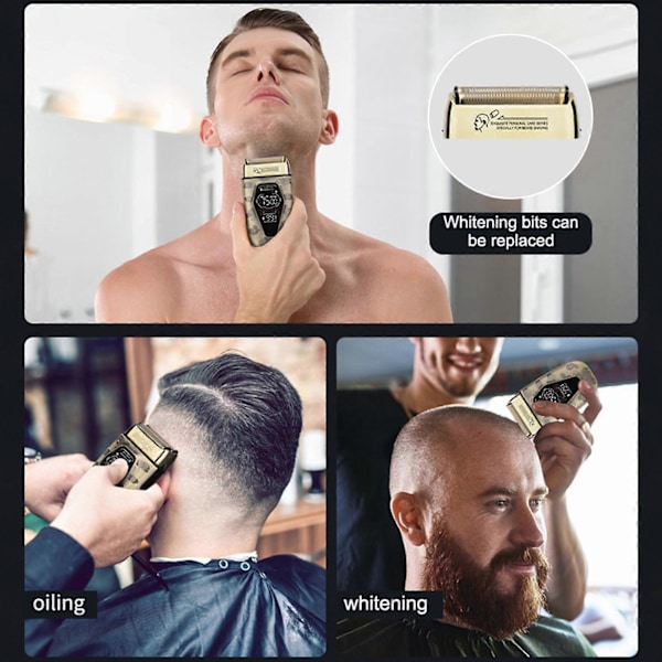 Barbermaskin for menn, for skallet hode, digitalt display, elektrisk frem- og tilbakegående barbermaskin, tre hastigheter, full metallkropp, LCD-strømdisplay, dobbel netting frem- og tilbakegående