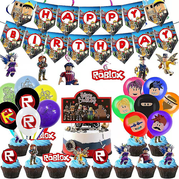 60 osan Roblox-juhlatarvikepaketti, liput, ilmapallot, kakun koristeet ja pyörteet