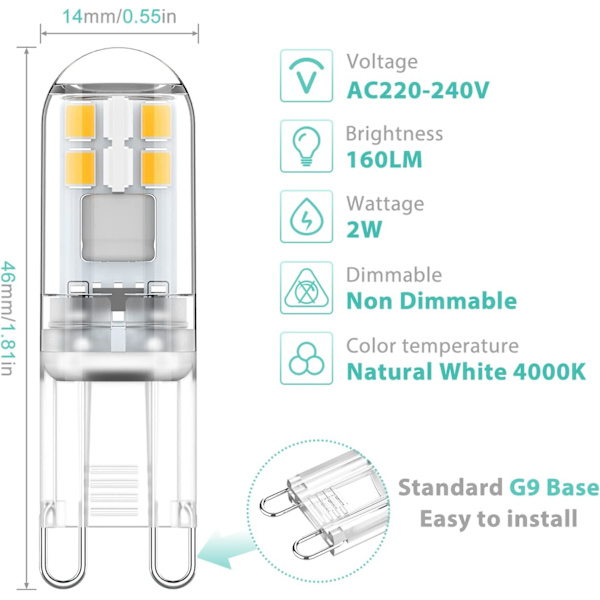 G9 LED-lampor 1,5W motsvarande 20W halogen naturligt vitt ljus 4000K, AC 220-240V, ej dimbar, minilampa, flimmerfri, 6-pack