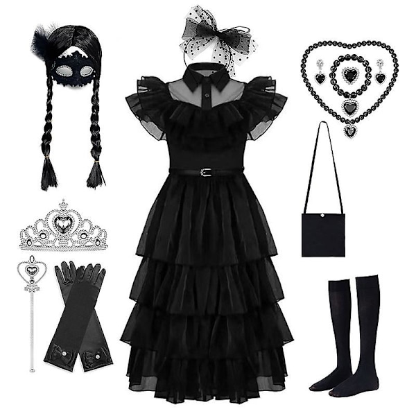 Wednesday Addams Kjole Cosplay Kostume Børn Pige Fest Sort Kjoler Halskæde Maske kun paryk 02 only wig 02 150 cm