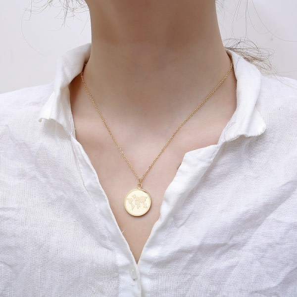 Världskarta halsband kvinnlig guldmynt nyckelbenskedja enkel tredimensionell jord rund kort tröja kedja（guld）