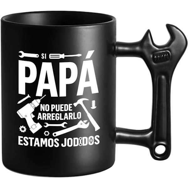 Morsom kopp til pappa - Hvis pappa ikke kan fikse det... - Original farsdagsgave - 350ml - Svart kopp med håndtak formet som en skiftenøkkel