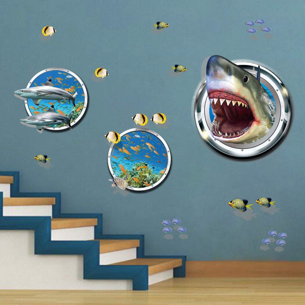 3D Shark Broken Wall Stickers Tropical Fish DIY Wall Decals Art D