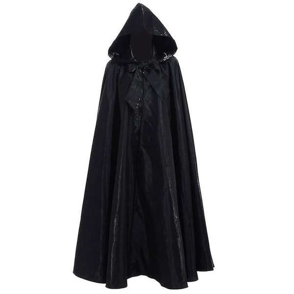 Witchcraft Enfärgad Tie Up Medeltida dräkt Halloween Hooded Coak Long Cape Black 130cm