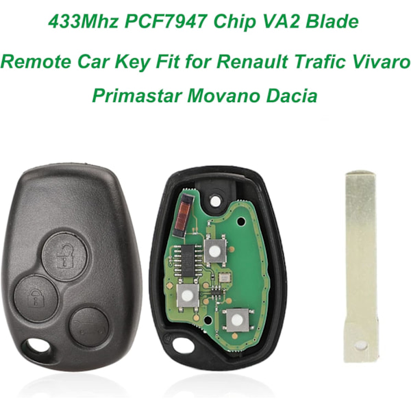 Avainaihio 3 napilla 433 MHz kaukosäätöinen auton avaimenperä Renault Trafic Vivaro Primastar Movano Dacia PCF7947 sirulla