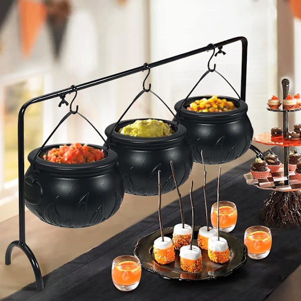 Halloween-koristeet - Halloween-juhlatarvikkeet - 3 noidan kattilaa tarjoiluastioina telineessä - Mustat muovikattilat
