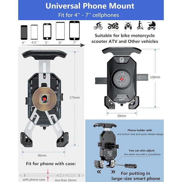 Moottoripyörän puhelinteline langattomalla laturilla ja USB C -liitännällä, IP66-vesitiivis moottoripyörän puhelinteline 4'' - 7'' matkapuhelimille, yhdellä kädellä käytettävä