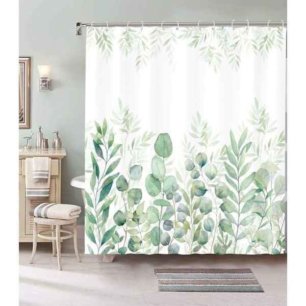 Grön och vit duschdraperi, tygduschdraperier för badrum, duschdraperiset med växtblad och 12 krokar 183 cm × 183 cm (Grön)