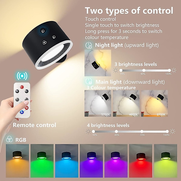 Batteridrevne Væglamper, LED Op Ned Væglampe med Touch & Fjernbetjening, 15 Rgb Atmosfære Varme Hvide Pærer, 4 Dæmpningsniveauer, 360 Graders Rotation, Opladning