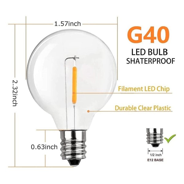 20 st G40 Led-ersättningslampor E12 Skruvsockel Splittringssäkra Led Globe-lampor för solslinga Clear