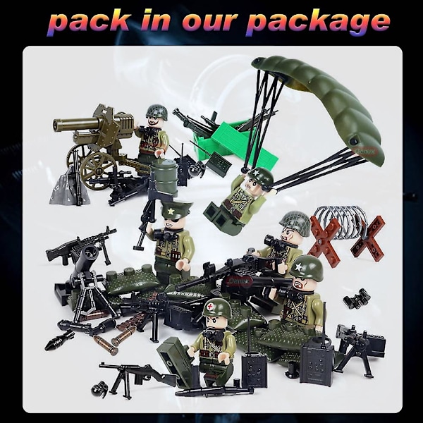 WW2 Amerikanska Armén Minifigurer 6 Soldater WWII med Flera Utrustningar Fallskärm Byggstenar Set