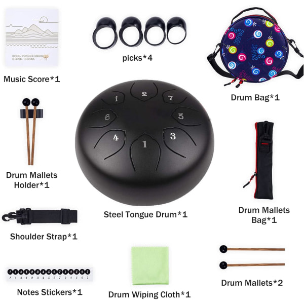 Stål Tongue Drum 6 Tum 8 Toner C-Ton Handvev Slagverksinstrument för Meditation Musikundervisning Svart Black