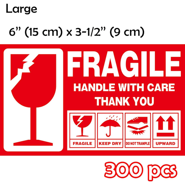 Fragile-mærker, 300 stk., (6\" x 3,5\") Store, skrøbelige håndteringsmærker