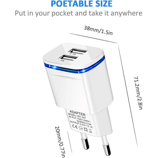 ACY USB Strømkabel Oplader, 3-Pak 2.1A 5V 2-Port Universal LED Adapter til iPhone 11 XR X XS Max 8 7