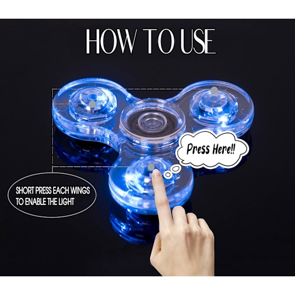 2 stk LED-lys Fidget Spinner - Krystalklar Blå, Lys Fidget Fin
