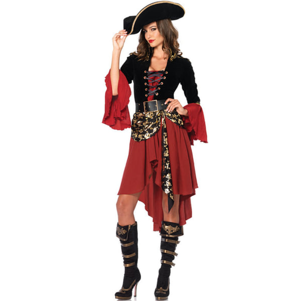 Kvinnors Cruel Seas Pirate Captain Dress Costume med fäst skärp, bälte, hatt, svart/burgunder, XL