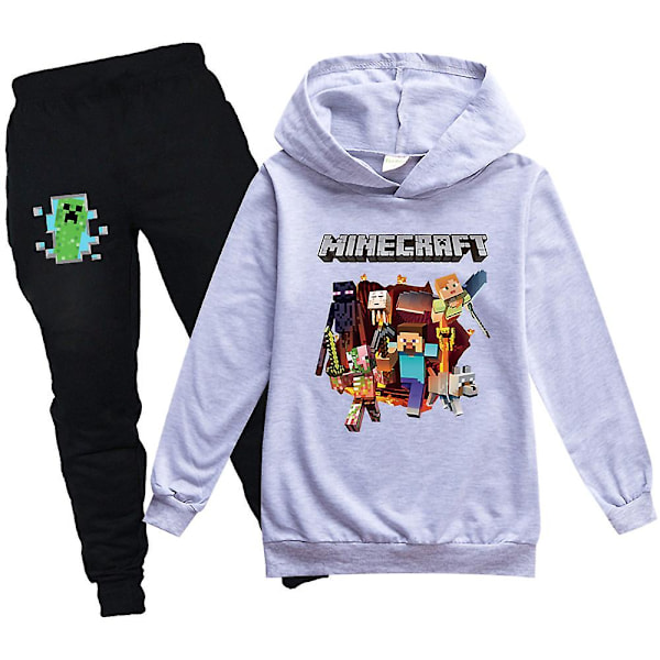 Minecraft Print Barnkläder Spårkostym Set Pojkar Flickor Casual Huvtröja Joggerbyxor Outfit Aktivkläder Sportkläder Gray