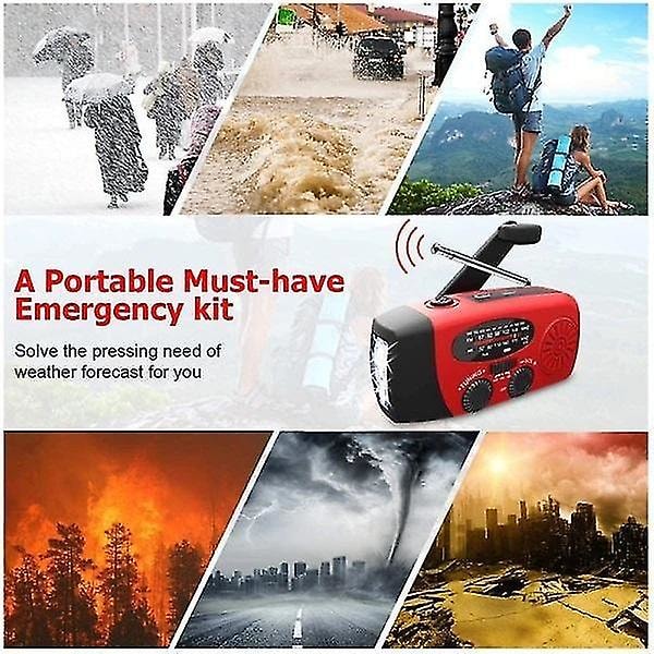Hätäradio, Kannettava Käsikäyttöinen Aurinkoenergia Radio AM/FM Toiminnolla, 2000 mAh Latautuva Virtapankki, SOS-Sireeni, LED-Taskulamppu Punainen