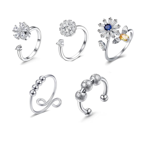 5pcs Flower Fidget Ring Set Zircon Flower Pearls Rotatable Adjustable Open Fidget Ring Set for Women