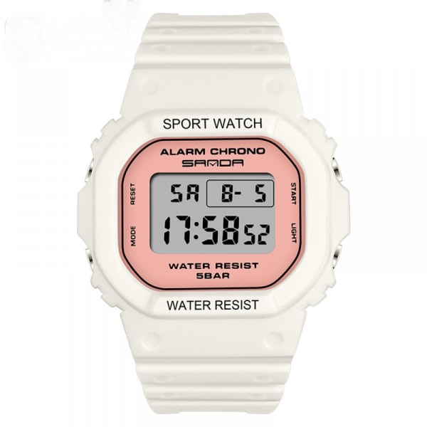 Fyrkantig multifunktionell elektronisk watch, watch 30M vattentät med lysande vit hartsrem（rosa urtavla）