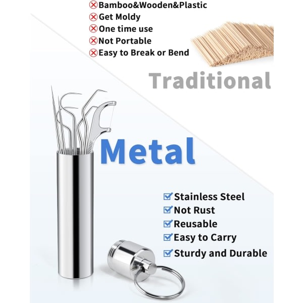 7 st återanvändbara metalltandpetare för tänder, bärbar rostfri stål