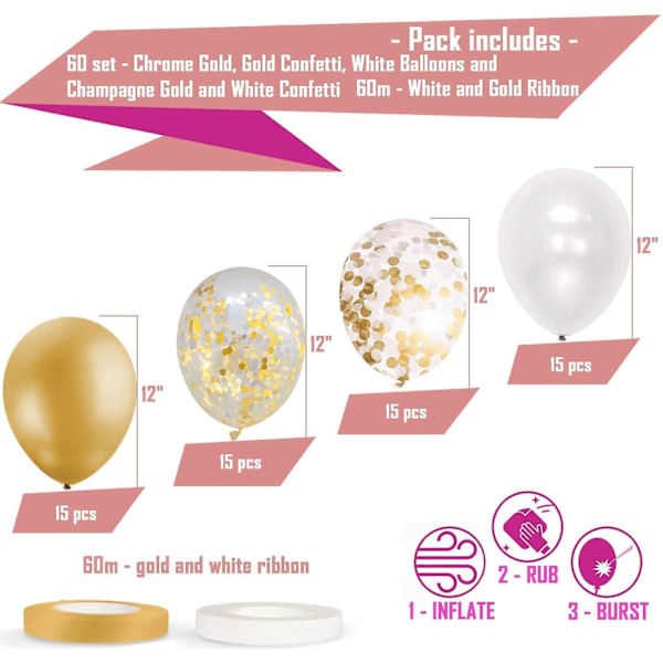 60-pack guldballonger + guldkonfettiballonger med band | Guldballonger | Guldlatexballonger | Gyllene ballonger | Vita och guld ballonger