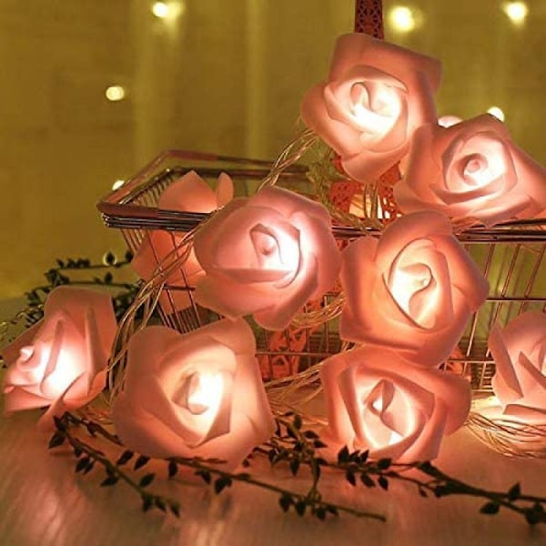 1x 20 LED rose lyslenke med varmt hvitt lys, batteridrevet, rosa
