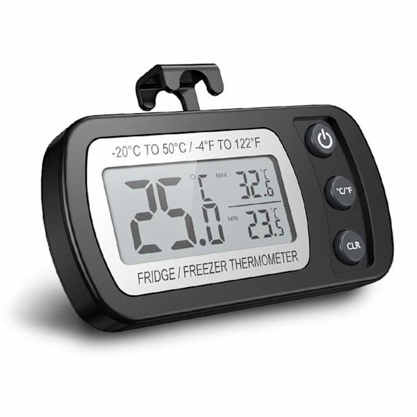 Digital Kylskåpstermometer, Vattentät Frysskåpstermometer med Hängare, Lättläst LCD-skärm, Max/Min Inspelningsfunktion (Svart)