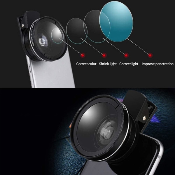 HHL Mobiltelefonlins 0,45X vidvinkelobjektiv & 12,5X Macro HD Clip-on kameralins Universal för iPhone Samsung och de flesta Android-smarttelefoner