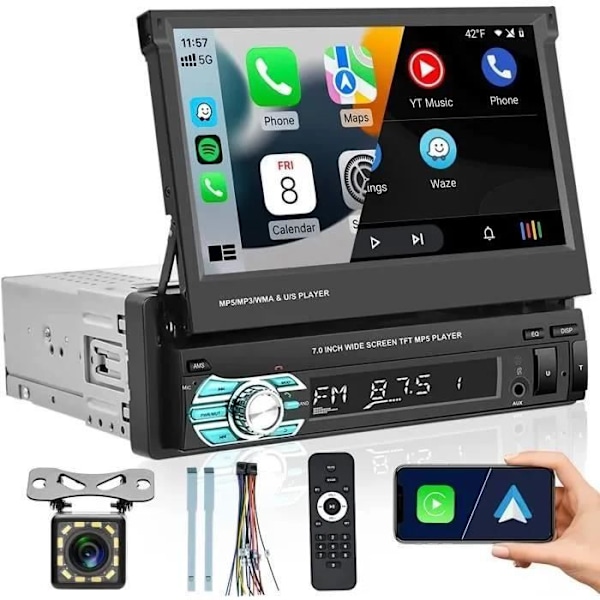 Carplay Bluetooth Bilradio 1 Din GPS 7' Infällbar Touchscreen FM-Radio Handsfree AUX-USB-TF Mirror Link+Fjärrkontroll+Kamera