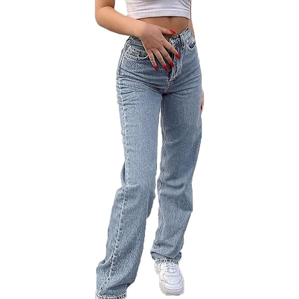 Högmidjade Boyfriend Jeans för Kvinnor 90-tal Y2K Fjärilstryck Breda Rakben Blå Byxor Jeans (XXL)