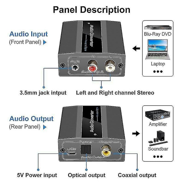 Analog til digital lydkonverter RCA til optisk med optisk kabel audio digital Toslink og Coaxi