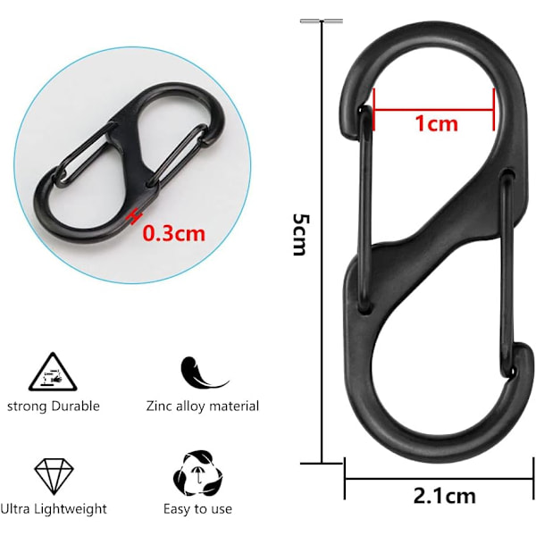 S-formad karbinhake Dubbelögla Klättring Karbinhake Zink Legering Nyckelring Karbinhake Mini Vattentät Karbinhake Svart Karbinhake för Resor
